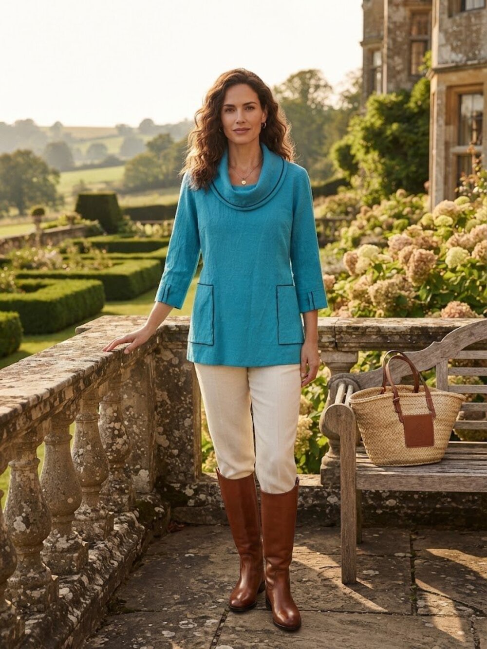 Ali Miles Tunic XL Turquoise Teal Blue Cowl Neck Coastal Lagenlook Quiet Luxury